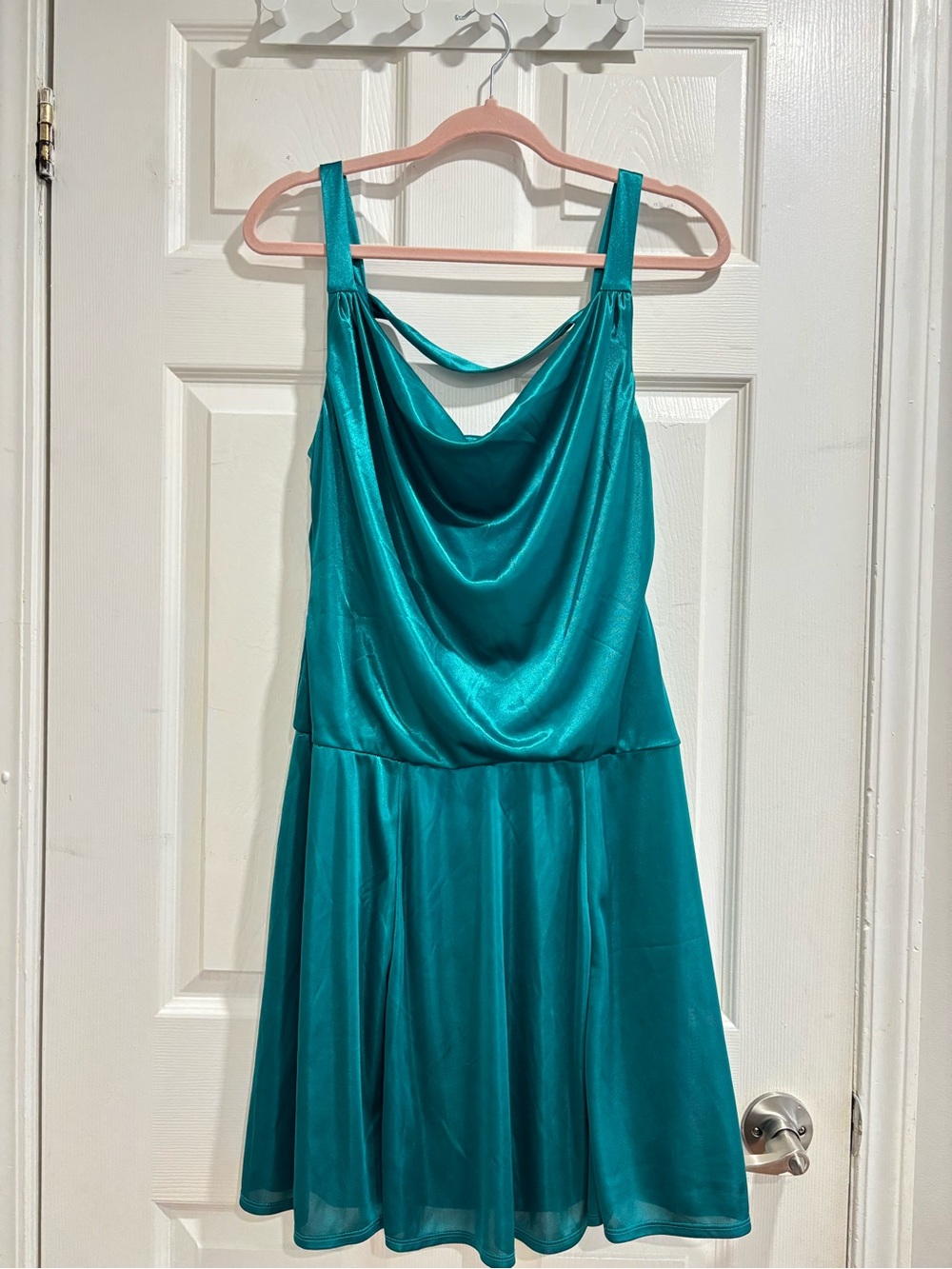 Retro Teal Cowl Neck Satin Dress - Women